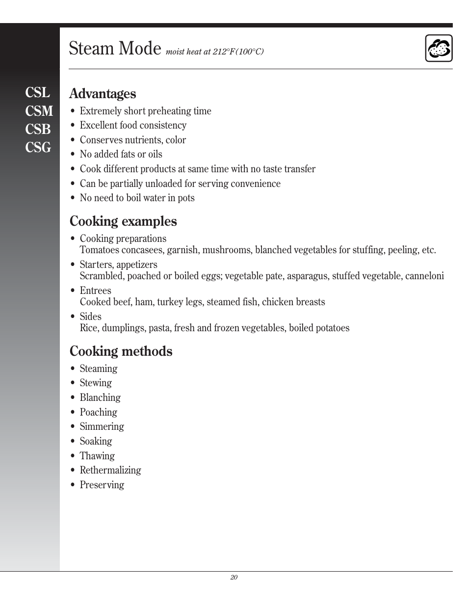 Steam mode, Csl csm csb csg, Advantages | Cooking examples, Cooking methods | Henny Penny CSG User Manual | Page 21 / 94