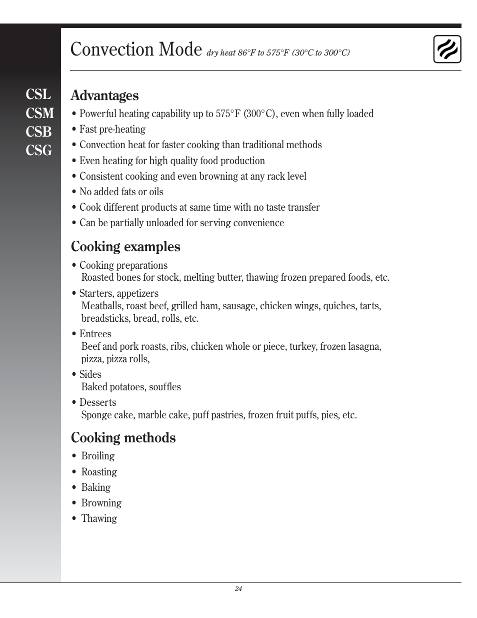 Convection mode, Csl csm csb csg, Advantages | Cooking examples, Cooking methods | Henny Penny CSG User Manual | Page 25 / 94