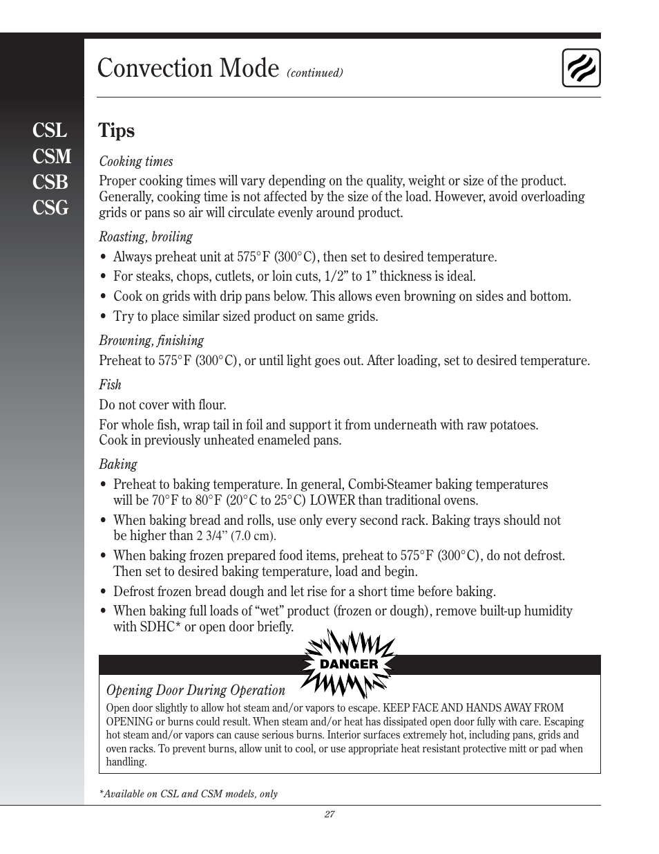 Convection mode, Csl csm csb csg, Tips | Henny Penny CSG User Manual | Page 28 / 94