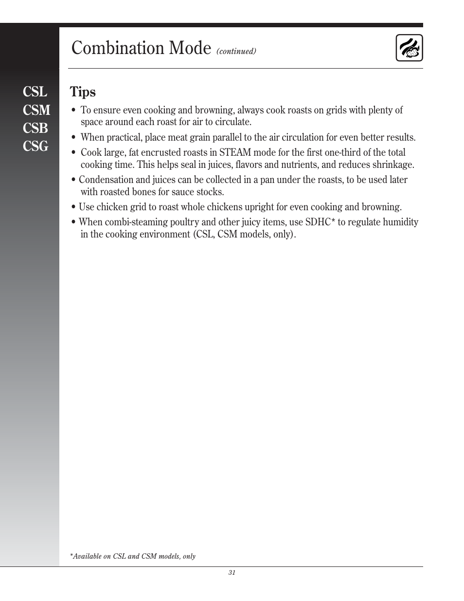 Combination mode, Csl csm csb csg, Tips | Henny Penny CSG User Manual | Page 32 / 94