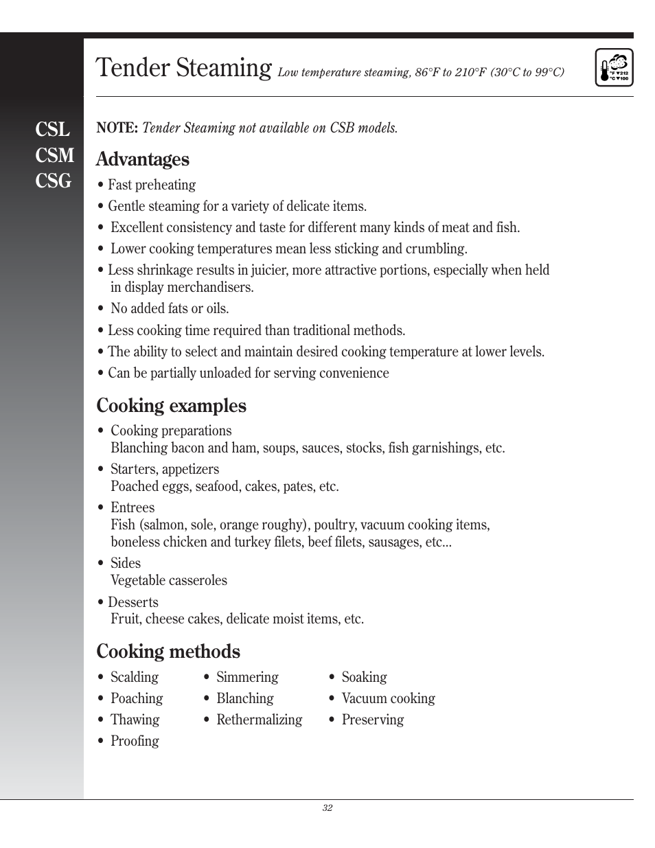 Tender steaming, Csl csm csg, Advantages | Cooking examples, Cooking methods | Henny Penny CSG User Manual | Page 33 / 94