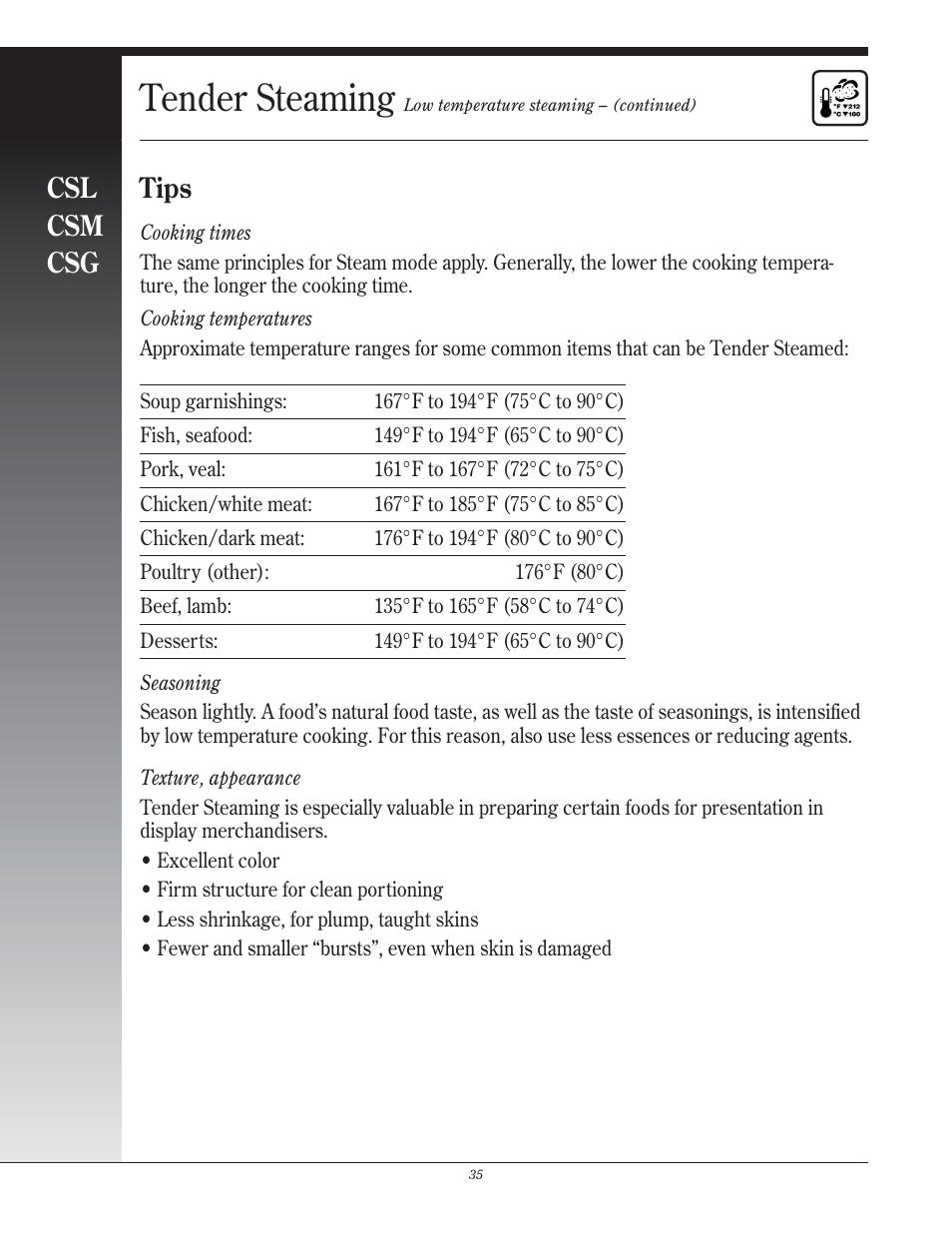 Tender steaming, Csl csm csg, Tips | Henny Penny CSG User Manual | Page 36 / 94