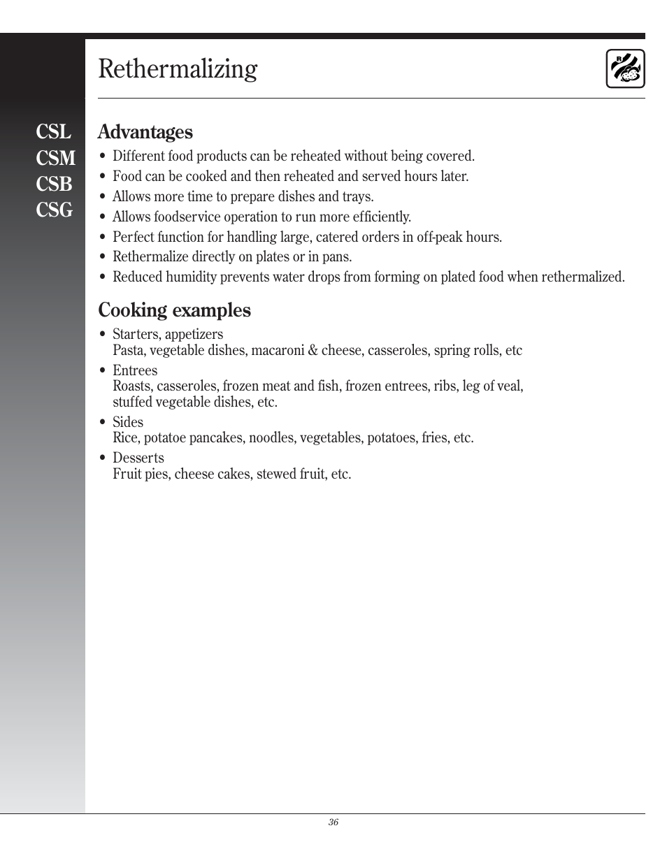 Rethermalizing, Csl csm csb csg, Advantages | Cooking examples | Henny Penny CSG User Manual | Page 37 / 94