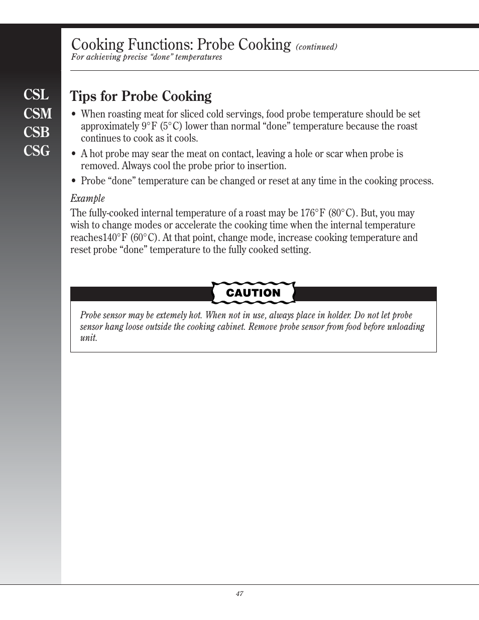 Cooking functions: probe cooking, Csl csm csb csg, Tips for probe cooking | Henny Penny CSG User Manual | Page 48 / 94