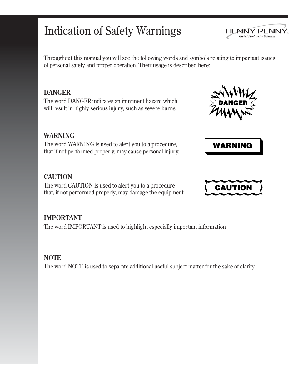 Indication of safety warnings | Henny Penny CSG User Manual | Page 5 / 94