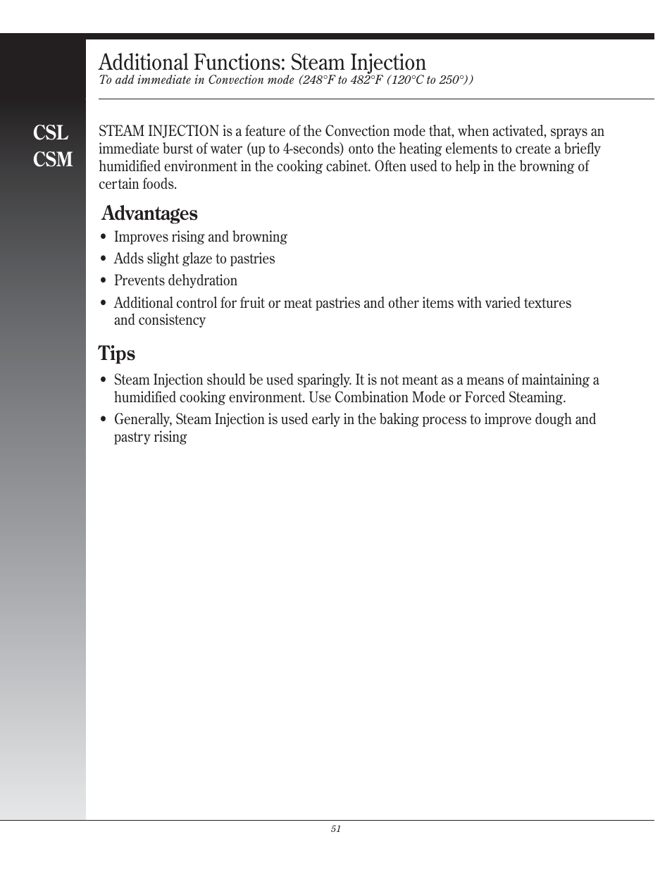Additional functions: steam injection, Csl csm, Advantages | Tips | Henny Penny CSG User Manual | Page 52 / 94