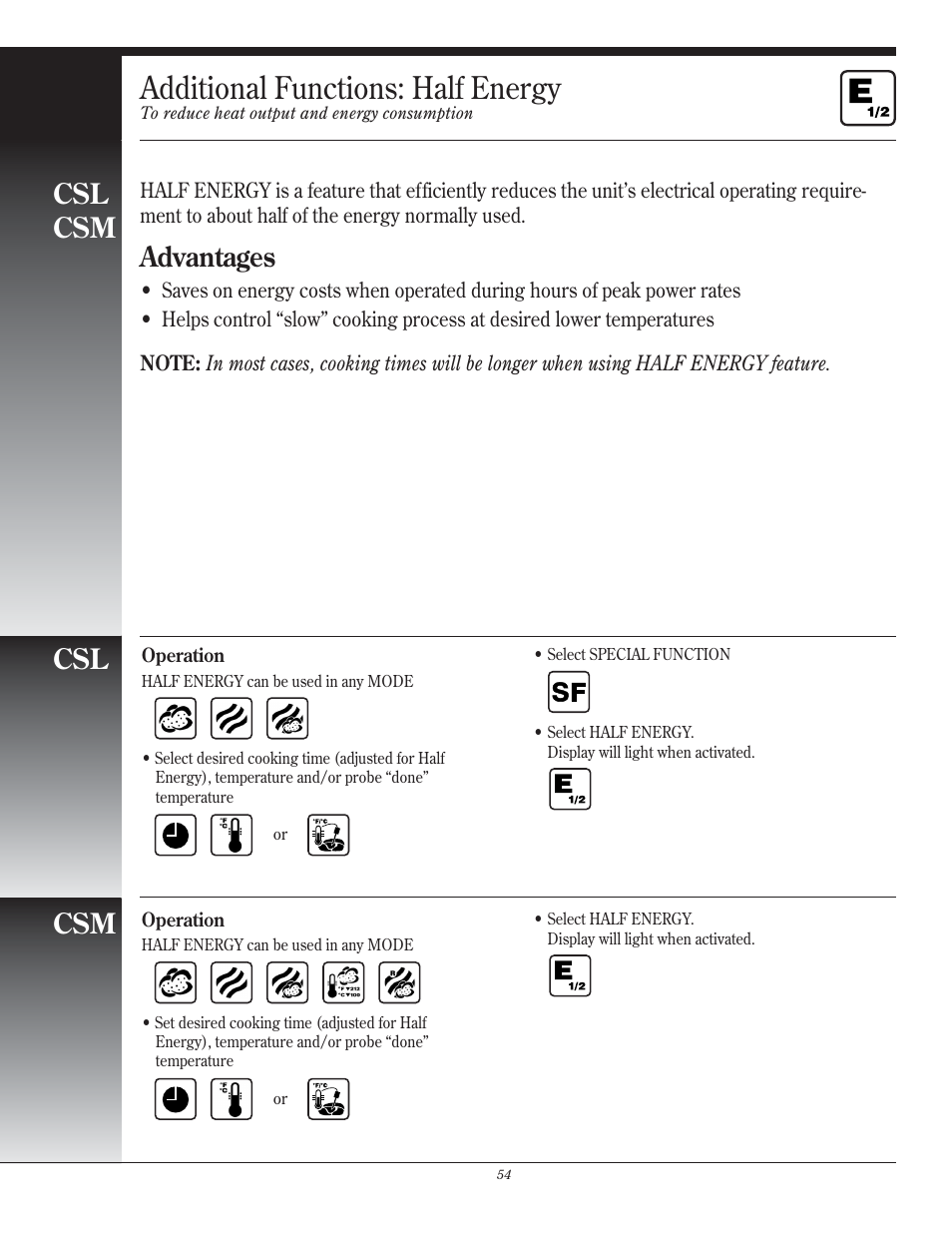 Additional functions: half energy, Csl csm, Advantages | Henny Penny CSG User Manual | Page 55 / 94