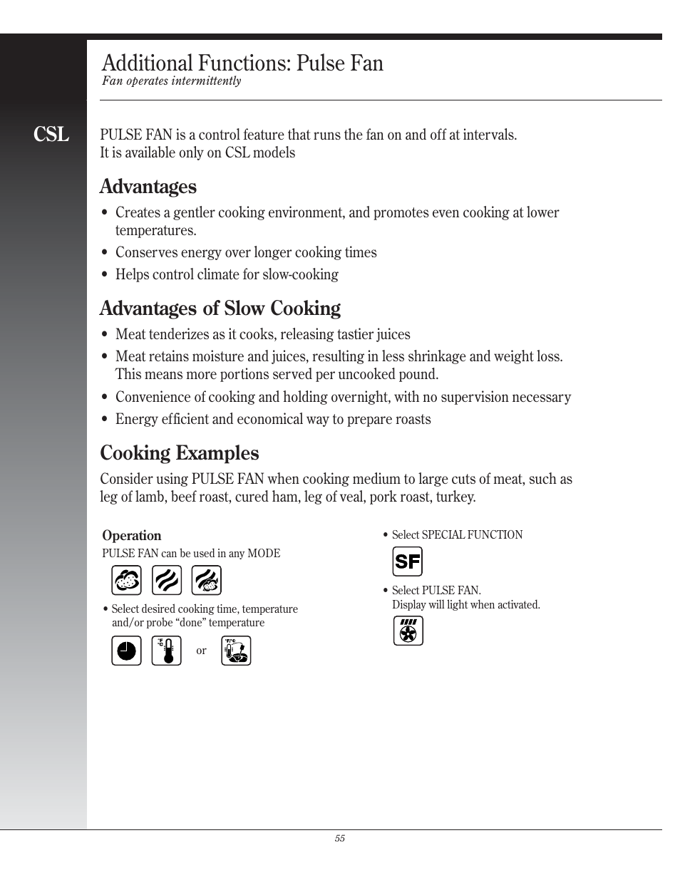 Additional functions: pulse fan, Advantages, Advantages of slow cooking | Cooking examples | Henny Penny CSG User Manual | Page 56 / 94