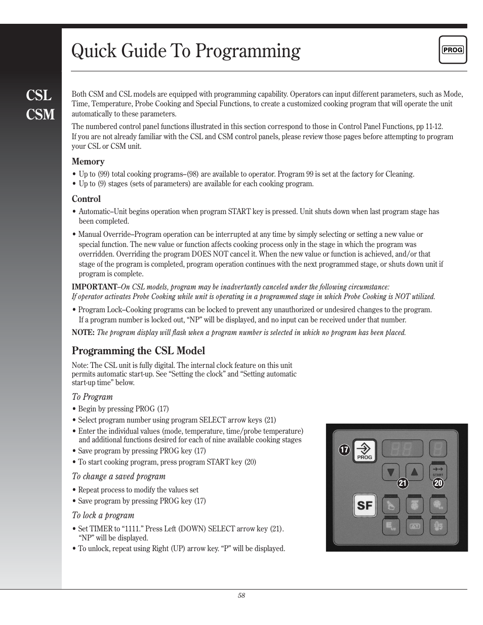 Quick guide to programming, Csl csm, Programming the csl model | Henny Penny CSG User Manual | Page 59 / 94