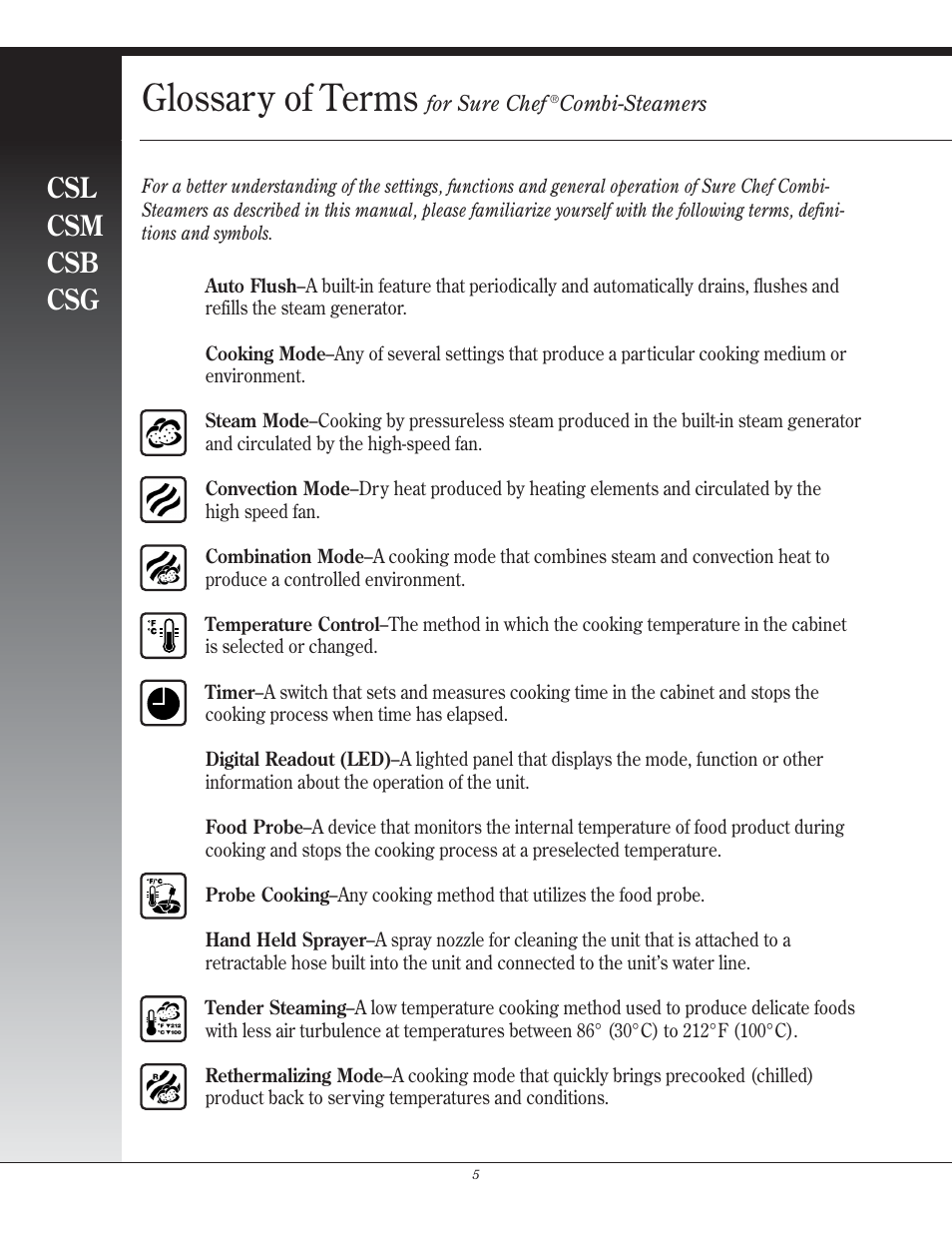 Glossary of terms, Csl csm csb csg | Henny Penny CSG User Manual | Page 6 / 94