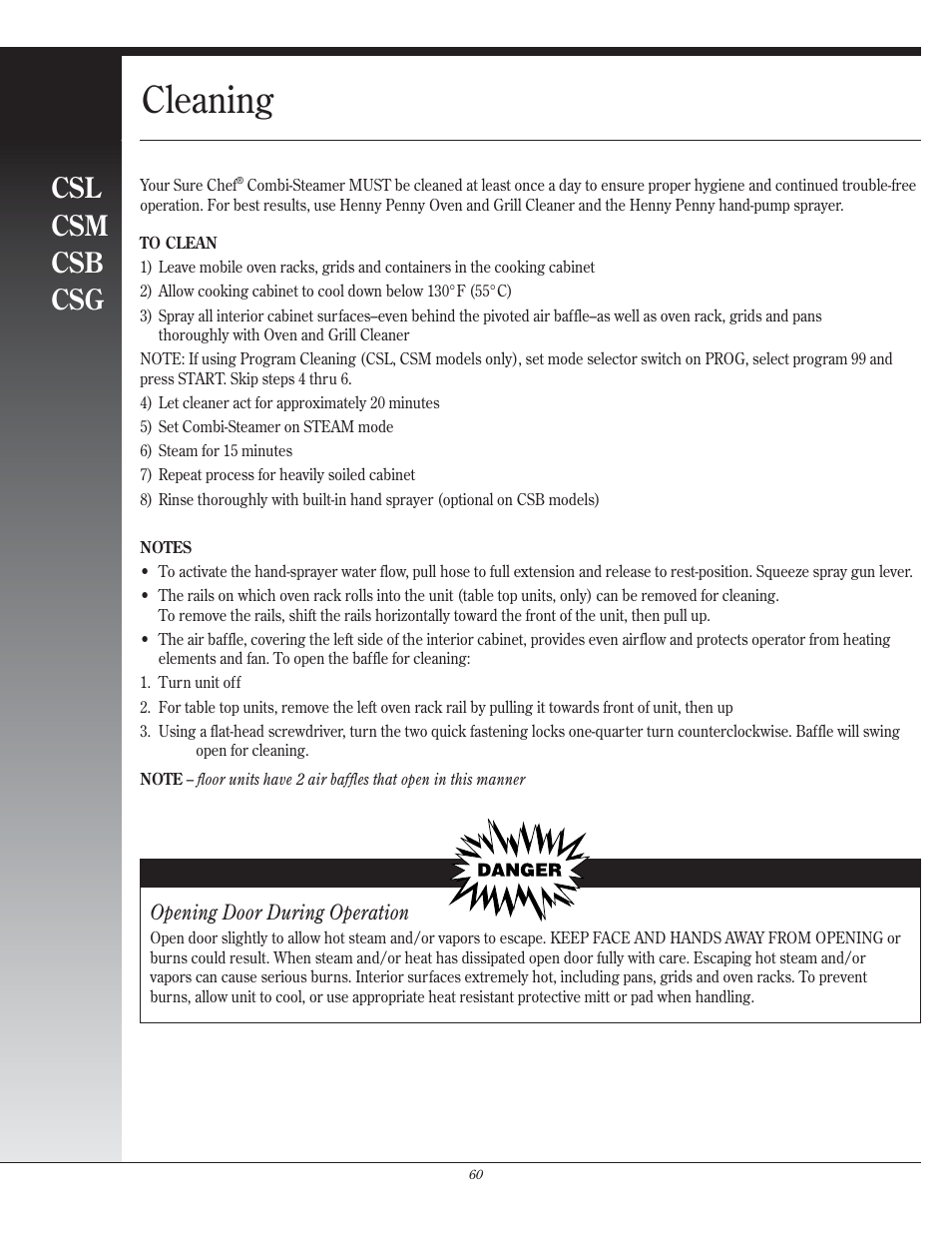 Cleaning, Csl csm csb csg, Xopening door during operation | Henny Penny CSG User Manual | Page 61 / 94