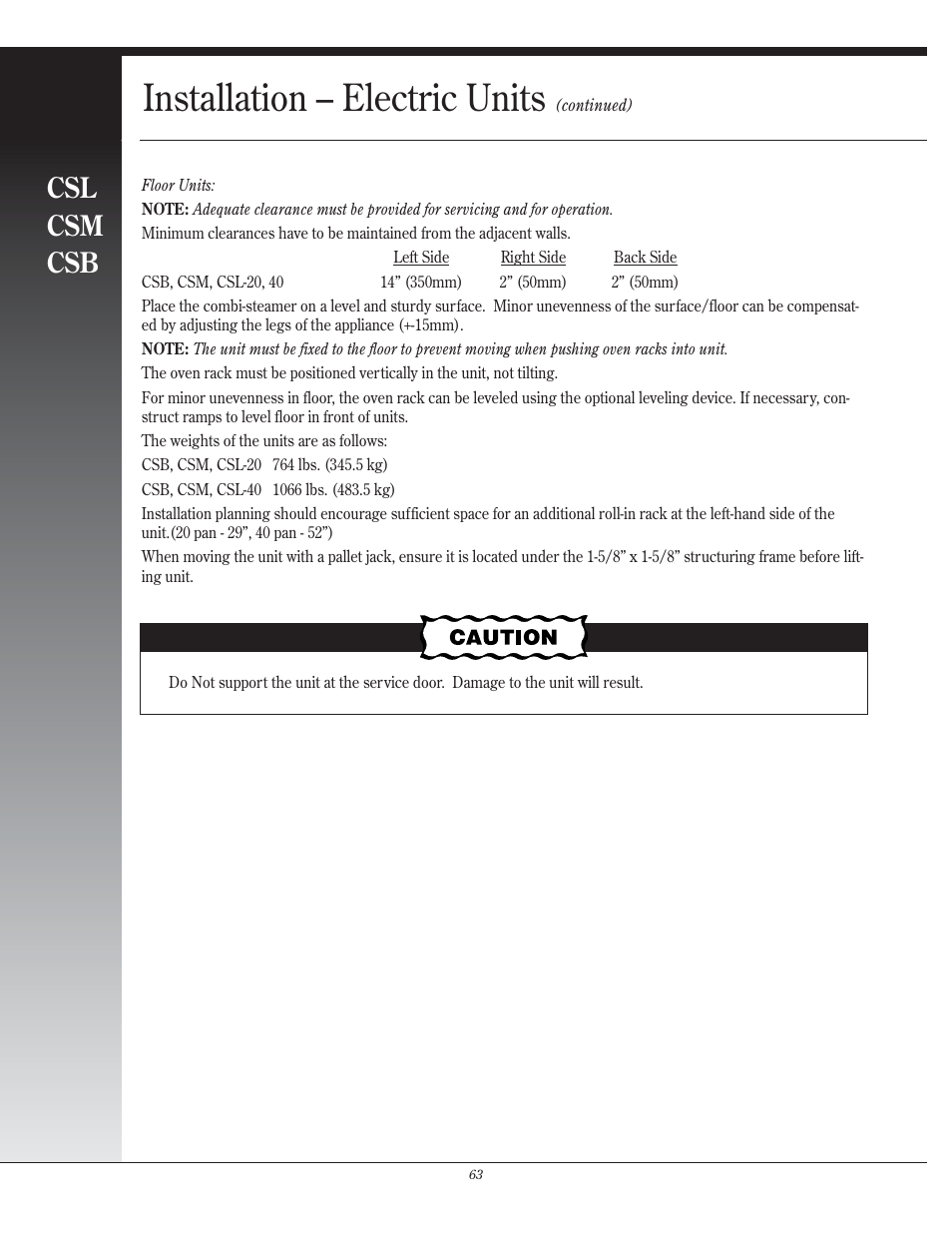 Installation – electric units, Csl csm csb | Henny Penny CSG User Manual | Page 64 / 94