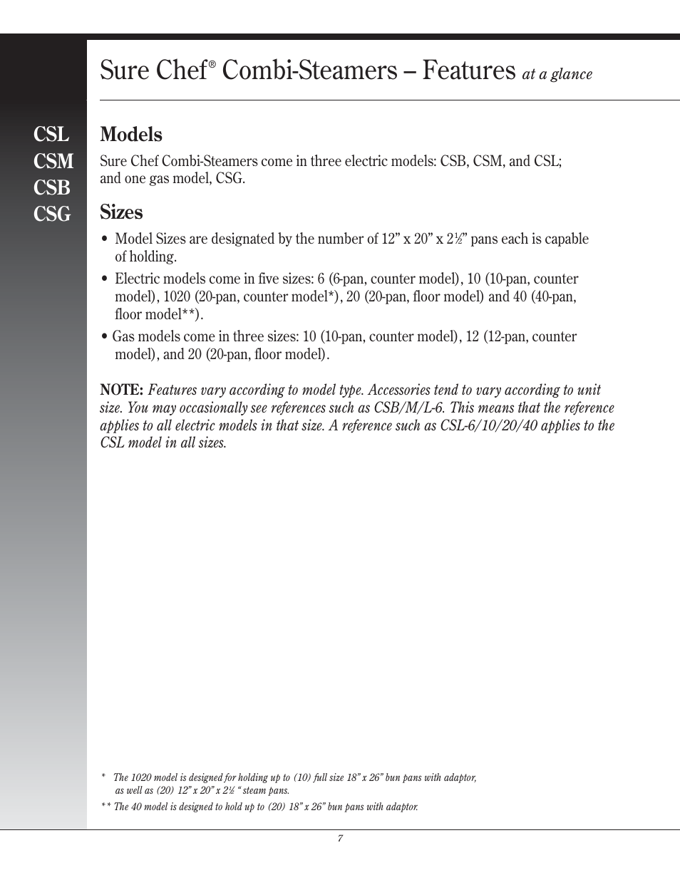 Sure chef, Combi-steamers – features, Csl csm csb csg | Models, Sizes | Henny Penny CSG User Manual | Page 8 / 94