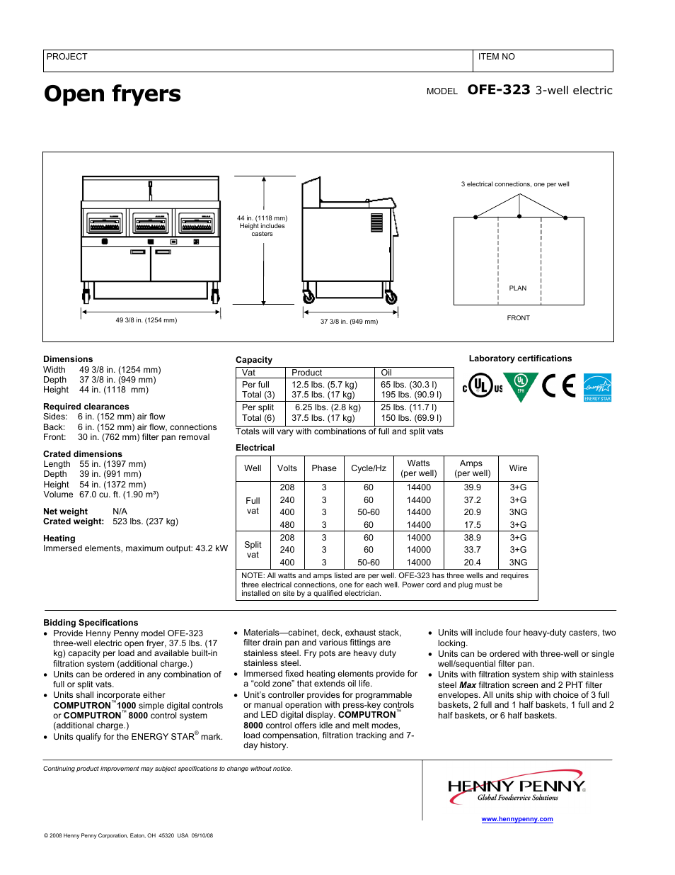 Open fryers, Ofe-323 | Henny Penny OFE-323 User Manual | Page 2 / 2