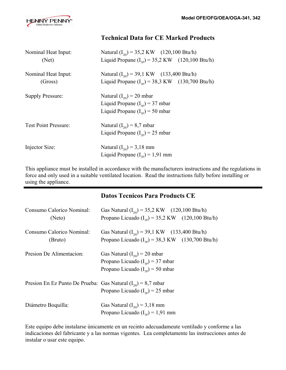 Technical data for ce marked products, Datos tecnicos para products ce | Henny Penny OFE User Manual | Page 2 / 2