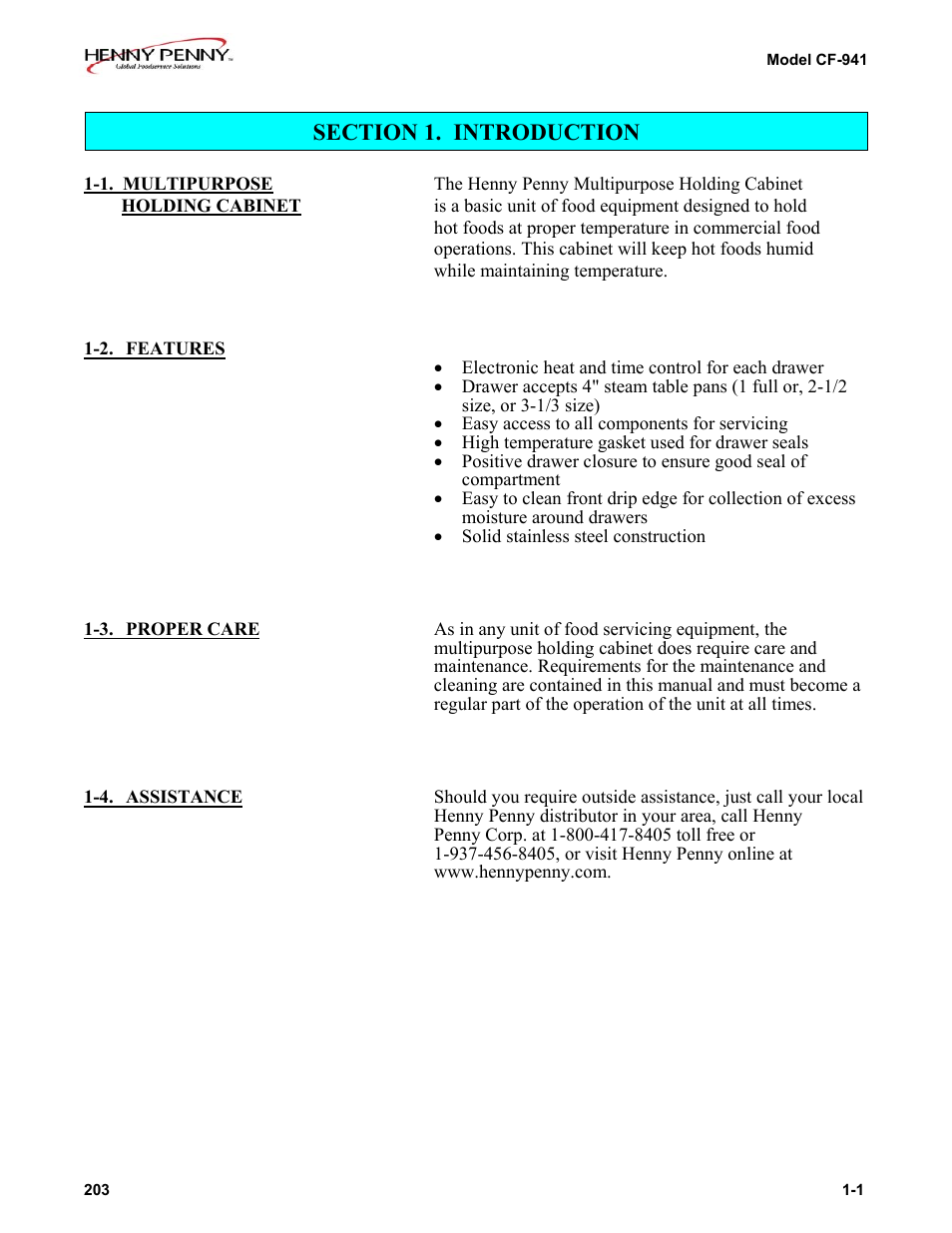 Section 1 | Henny Penny CF-941 User Manual | Page 7 / 19