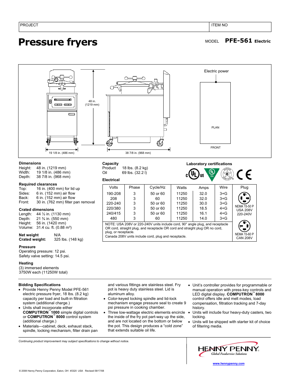Pressure fryers, Pfe-561 | Henny Penny PFE-561 User Manual | Page 2 / 2
