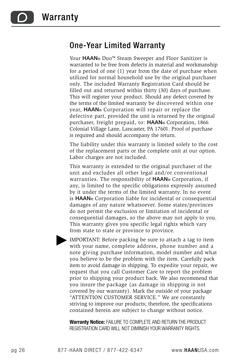 Warranty, One-year limited warranty | Haan HD-50 User Manual | Page 29 / 33