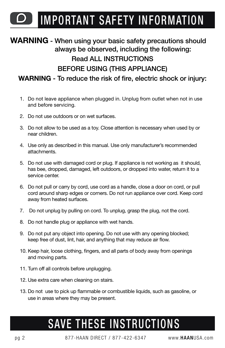 Important safety information, Save these instructions, Warning | Haan HD-50 User Manual | Page 5 / 33