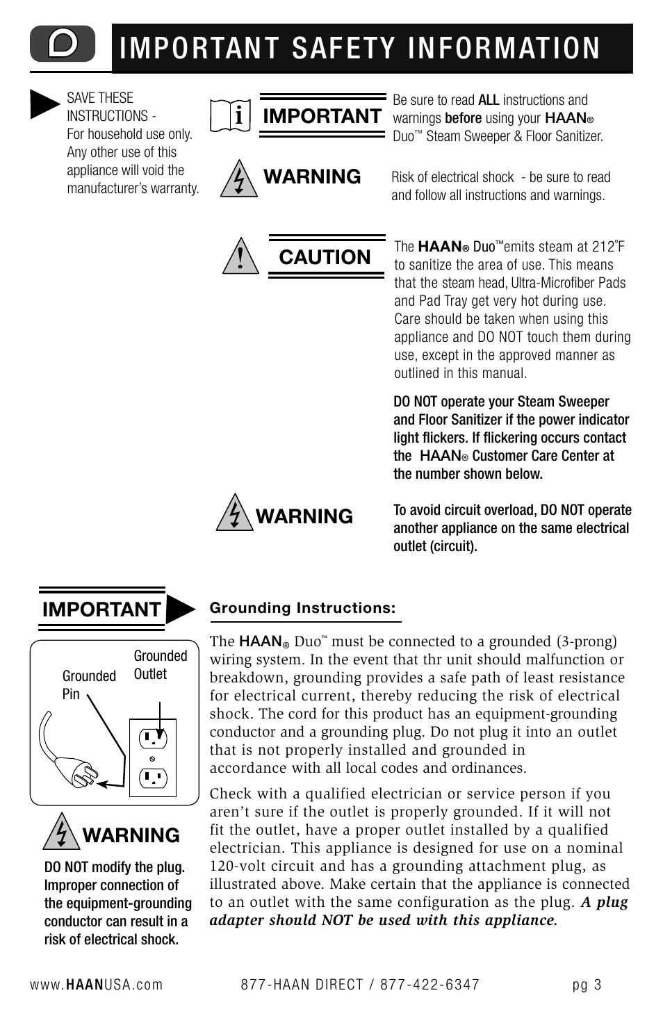 Important safety information, Warning important, Warning | Important, Caution | Haan HD-50 User Manual | Page 6 / 33