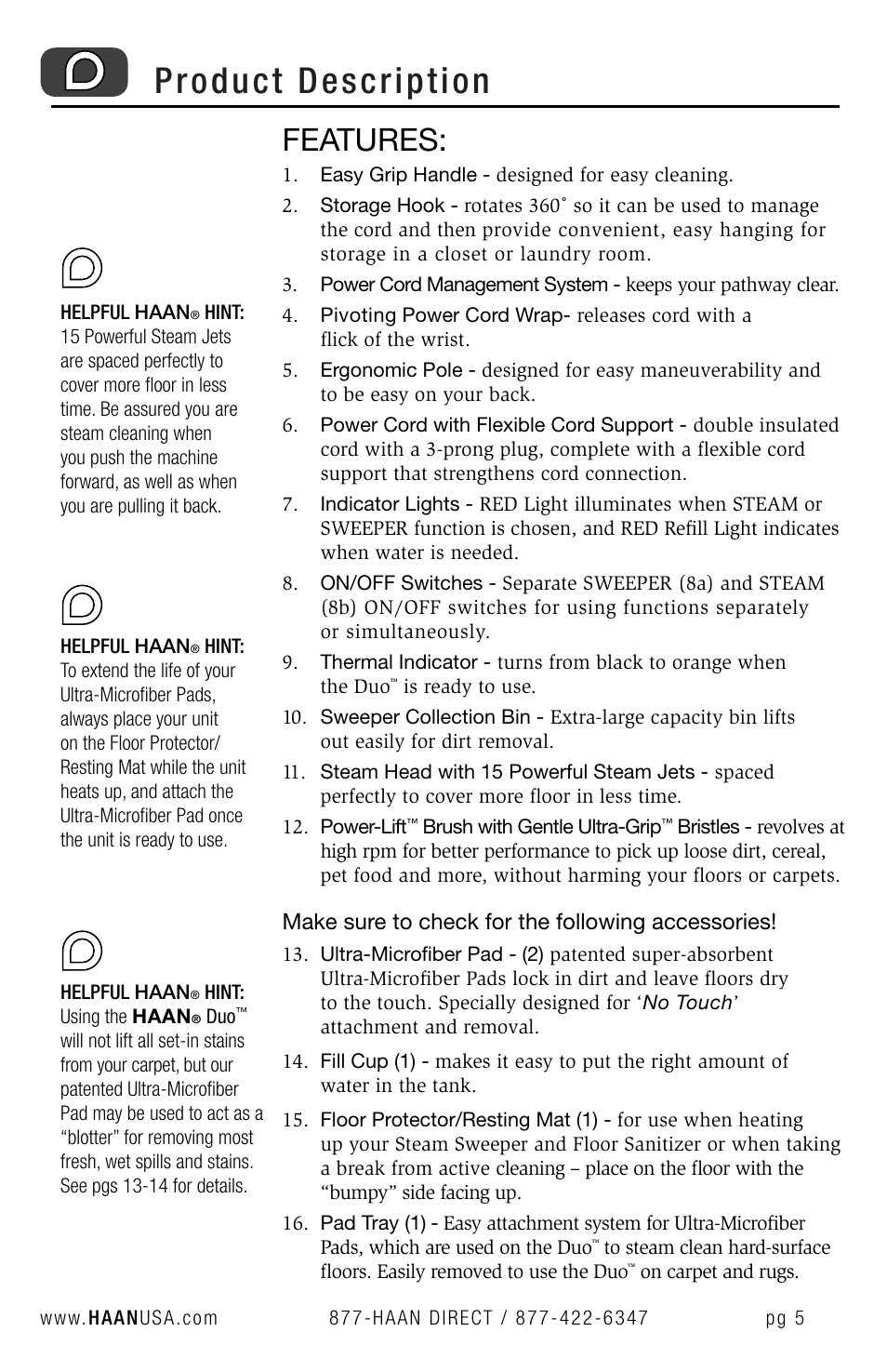 Product description, Features, Make sure to check for the following accessories | Haan HD-50 User Manual | Page 8 / 33