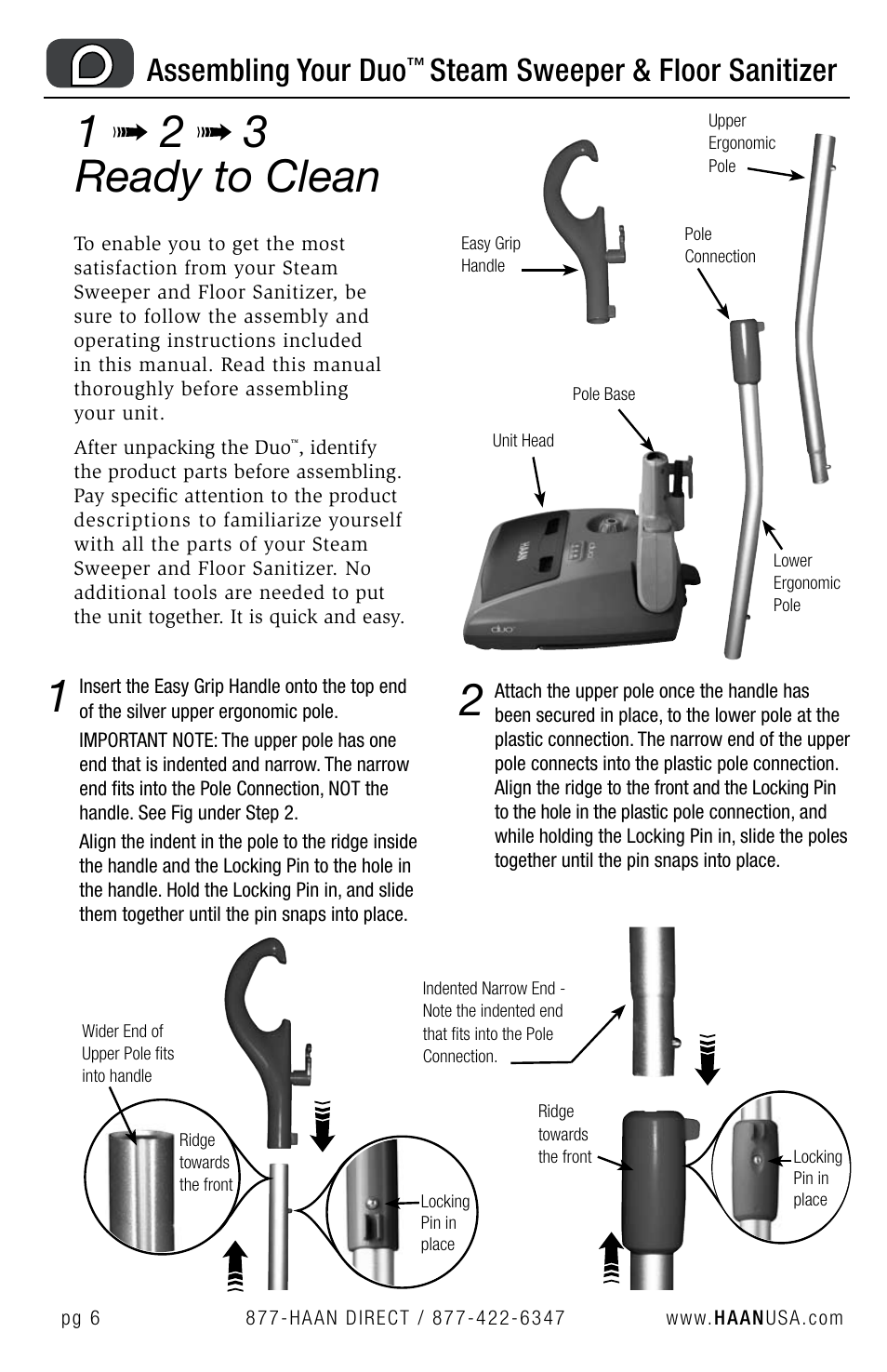 1 2 3 ready to clean, Assembling your duo, Steam sweeper & floor sanitizer | Haan HD-50 User Manual | Page 9 / 33