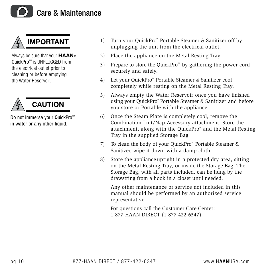 Care & maintenance, Important, Caution | Haan QUICKPRO TS-30 User Manual | Page 12 / 20