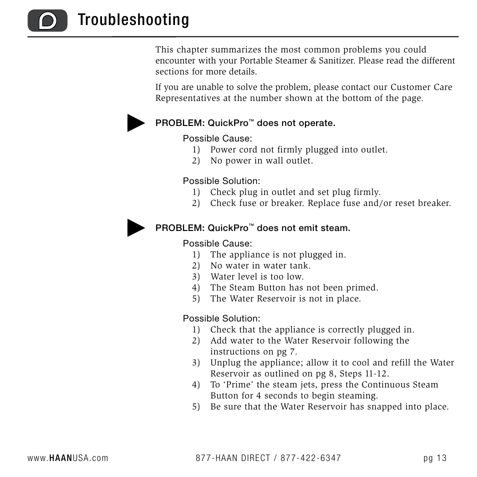 Troubleshooting | Haan QUICKPRO TS-30 User Manual | Page 15 / 20