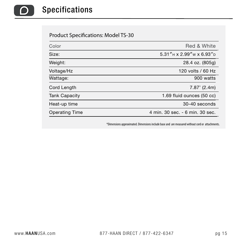 Specifications, Product specifications: model ts-30 | Haan QUICKPRO TS-30 User Manual | Page 17 / 20