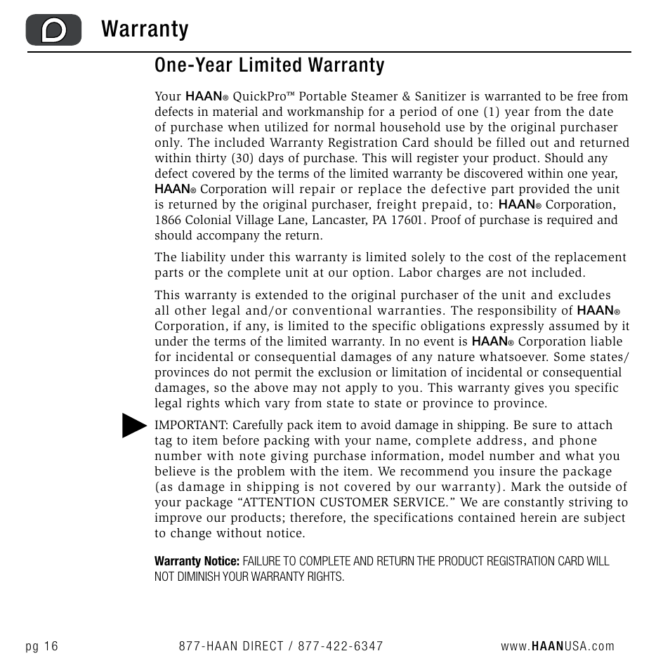 Warranty, One-year limited warranty | Haan QUICKPRO TS-30 User Manual | Page 18 / 20