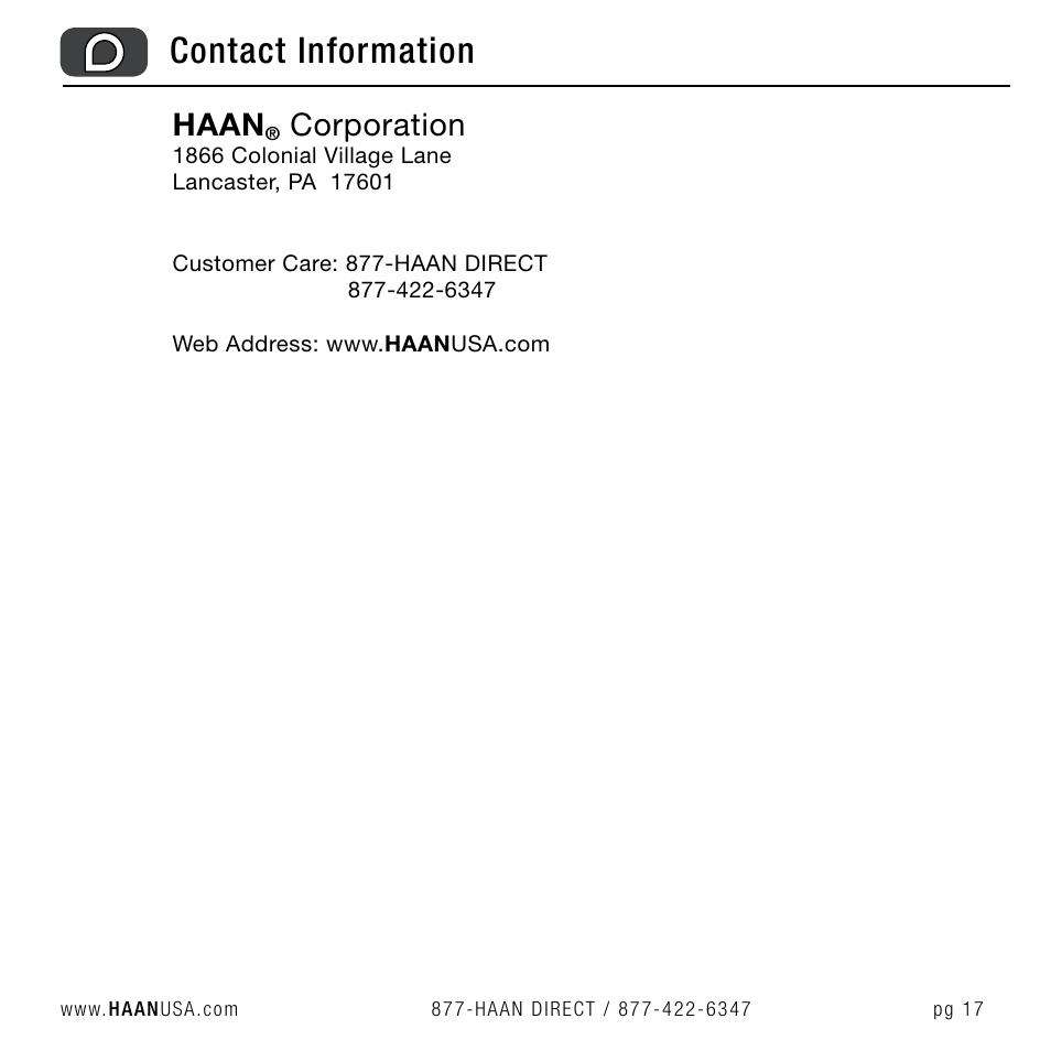 Contact information, Haan, Corporation | Haan QUICKPRO TS-30 User Manual | Page 19 / 20