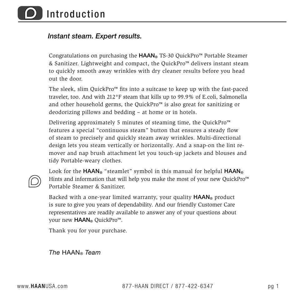 Introduction, Instant steam. expert results | Haan QUICKPRO TS-30 User Manual | Page 3 / 20