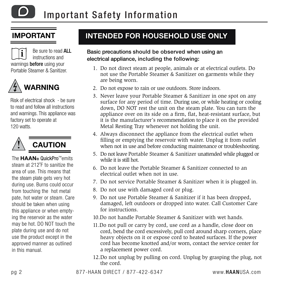 Important safety information, Important, Warning | Intended for household use only caution | Haan QUICKPRO TS-30 User Manual | Page 4 / 20