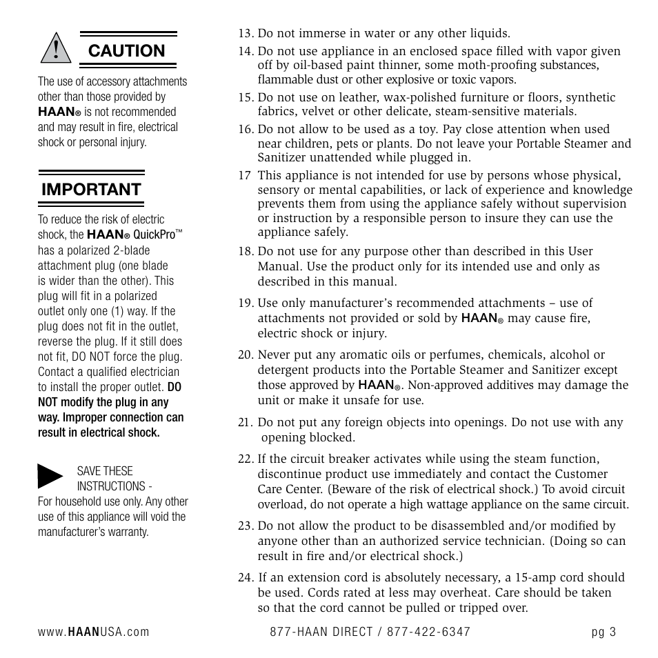 Caution, Important | Haan QUICKPRO TS-30 User Manual | Page 5 / 20
