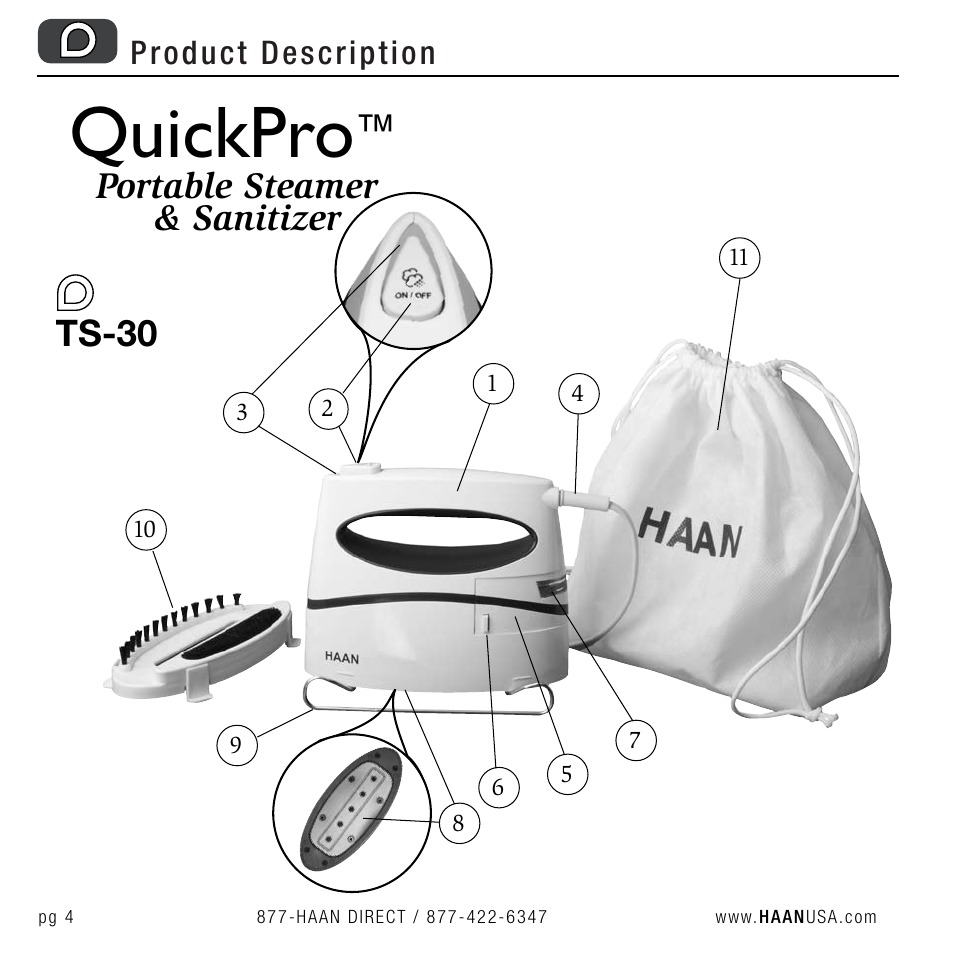 Quickpro, Ts-30, Portable steamer & sanitizer | Haan QUICKPRO TS-30 User Manual | Page 6 / 20