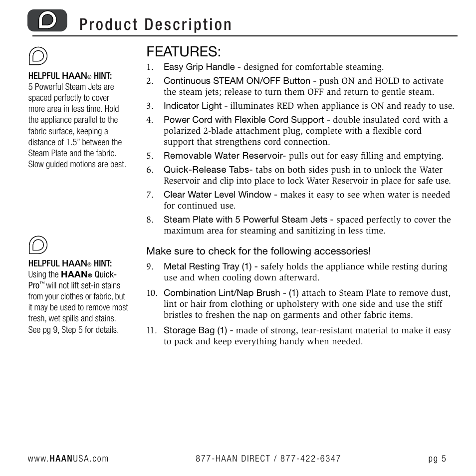 Product description, Features | Haan QUICKPRO TS-30 User Manual | Page 7 / 20