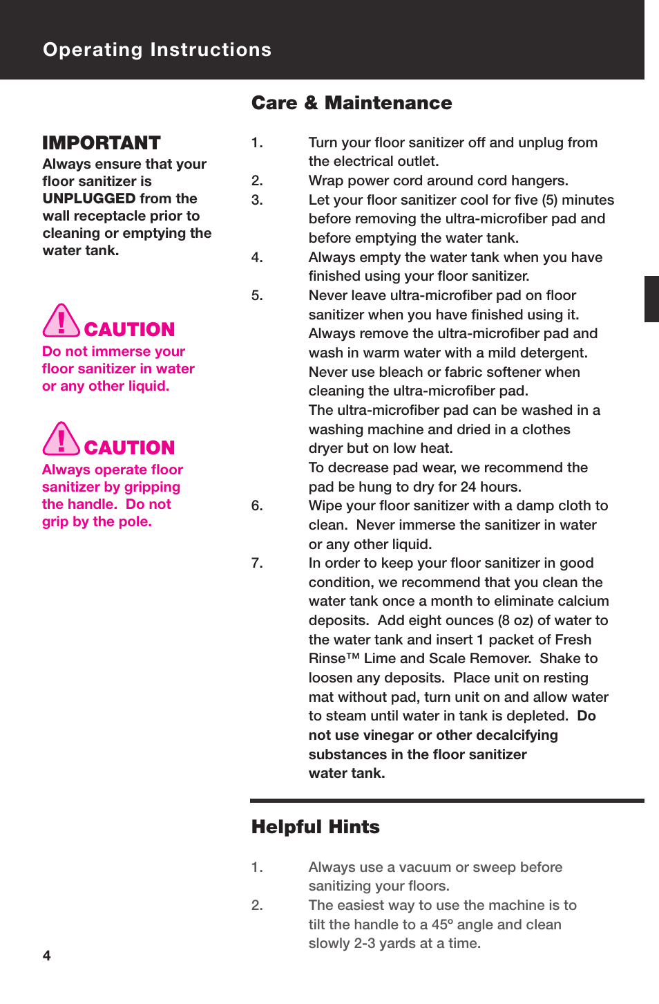 Operating instructions care & maintenance, Important, Caution | Helpful hints | Haan SLIM & LIGHT SI-35 User Manual | Page 6 / 18