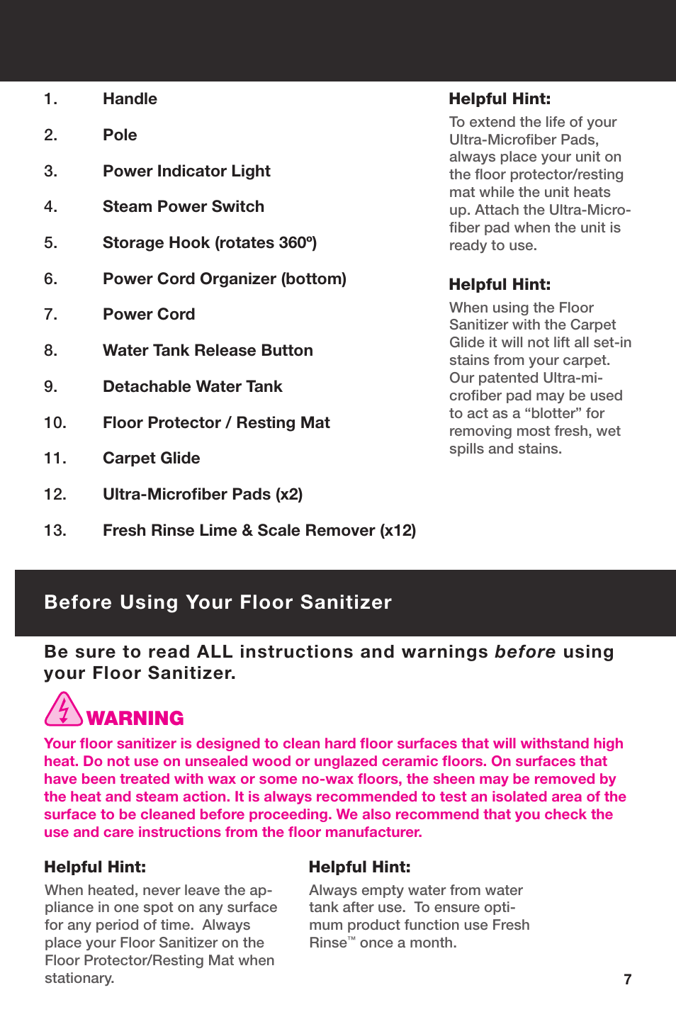Before using your floor sanitizer, Warning | Haan SLIM & LIGHT SI-35 User Manual | Page 9 / 18