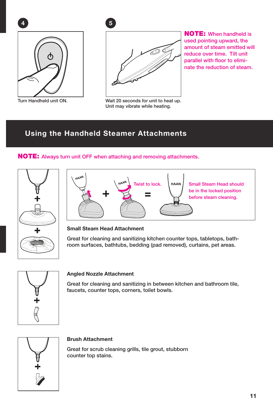Using the handheld steamer attachments | Haan SI-75 User Manual | Page 13 / 19