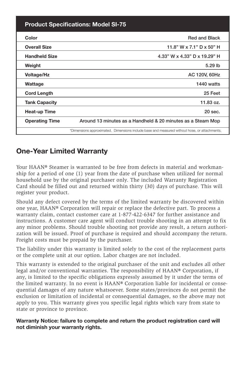 One-year limited warranty, Product specifications: model si-75 | Haan SI-75 User Manual | Page 17 / 19