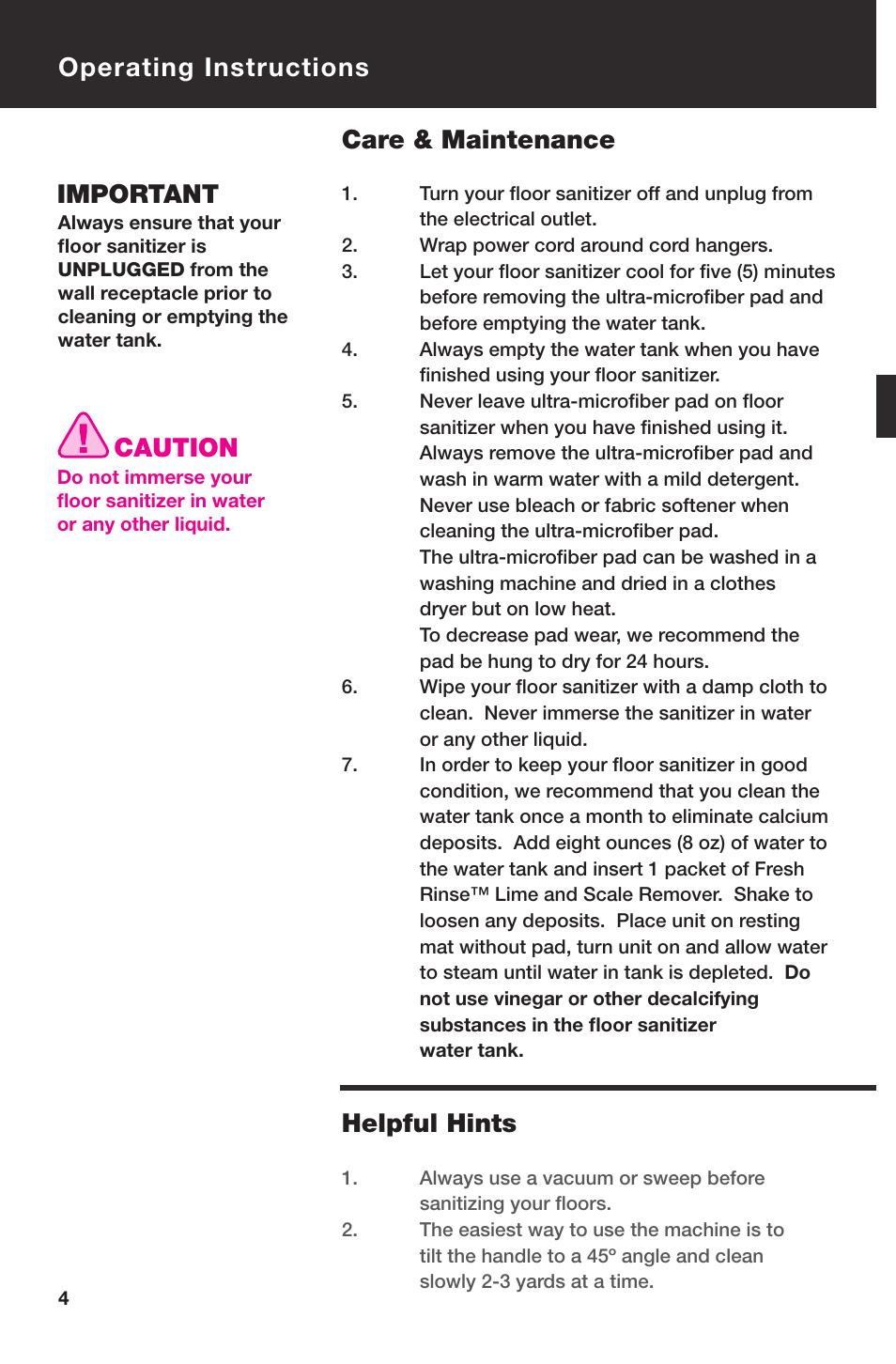 Operating instructions care & maintenance, Important, Caution | Helpful hints | Haan SI-75 User Manual | Page 6 / 19