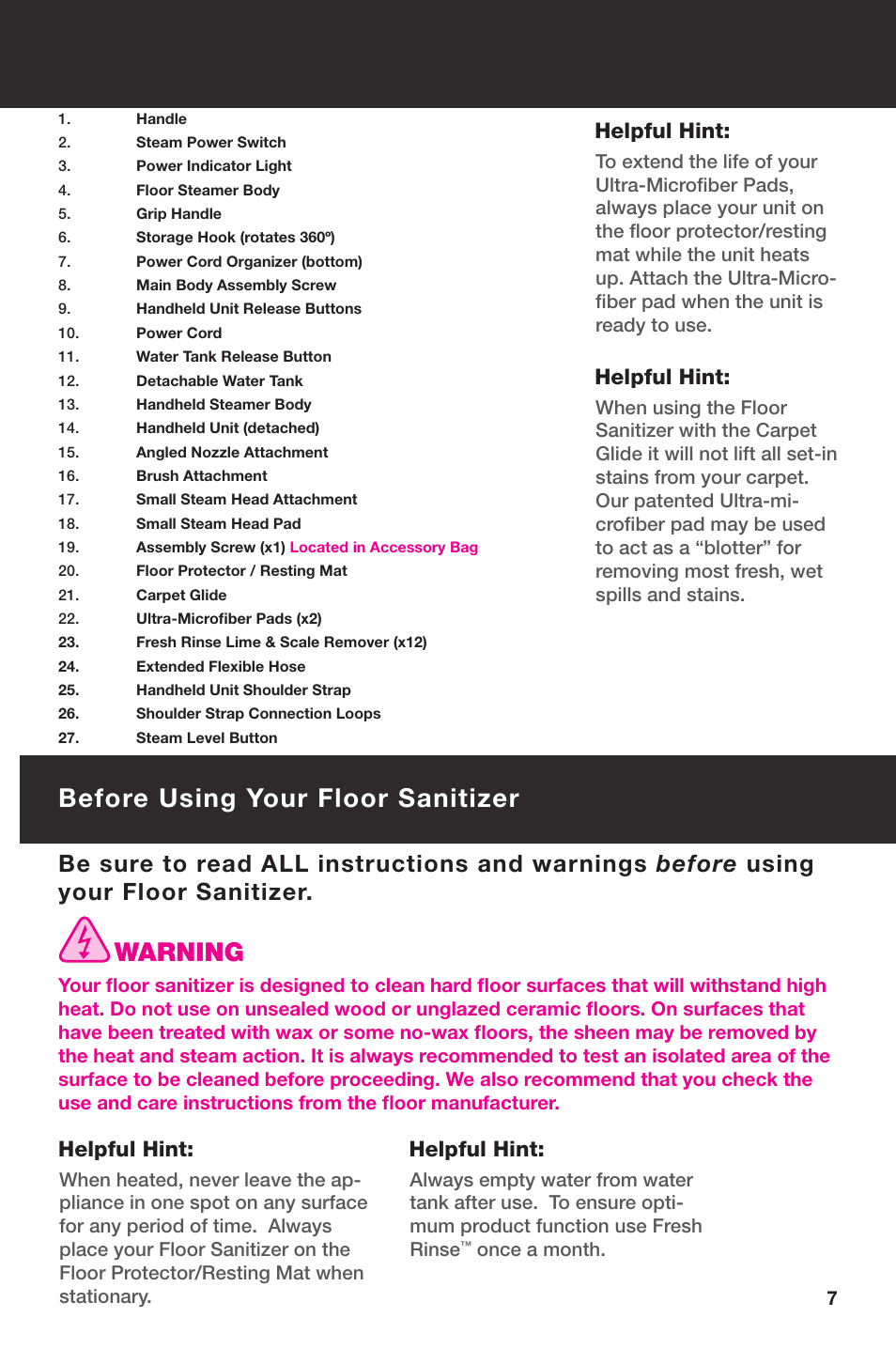 Before using your floor sanitizer, Warning, Helpful hint | Haan SI-75 User Manual | Page 9 / 19