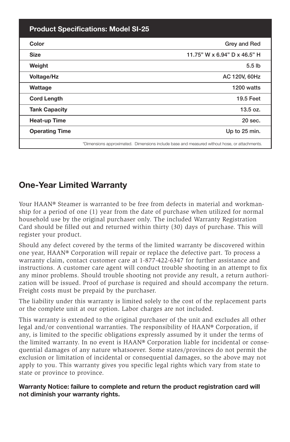 One-year limited warranty, Product specifications: model si-25 | Haan SWIFT SI-25 User Manual | Page 14 / 16