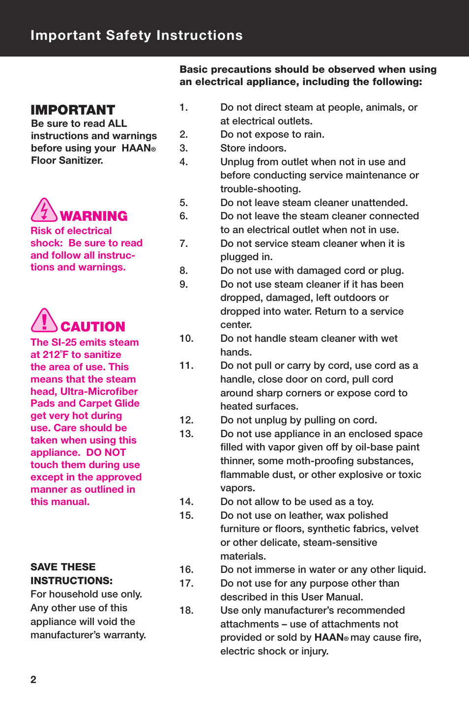 Important safety instructions important, Caution, Warning | Haan SWIFT SI-25 User Manual | Page 4 / 16