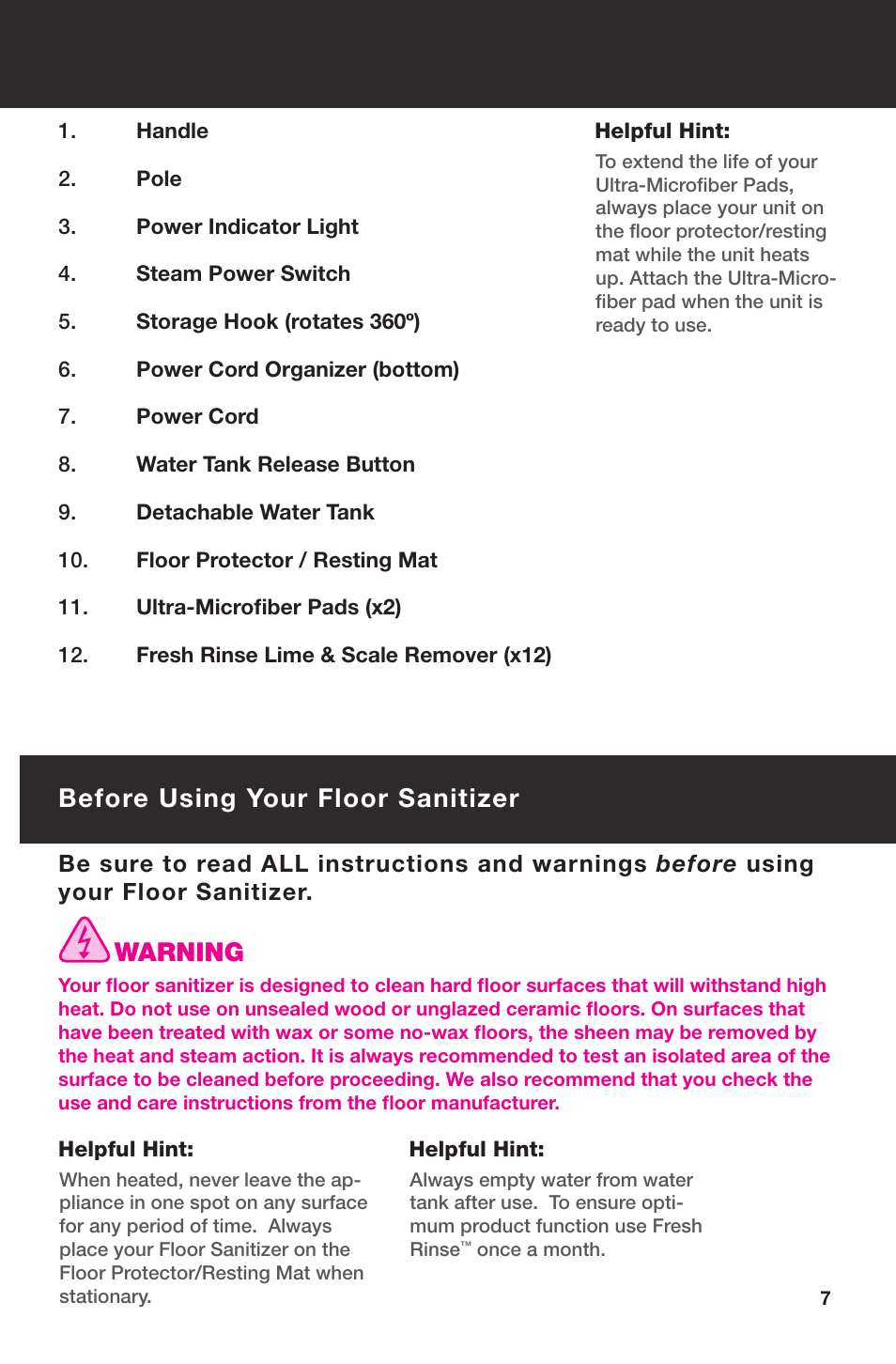 Before using your floor sanitizer, Warning | Haan SWIFT SI-25 User Manual | Page 9 / 16