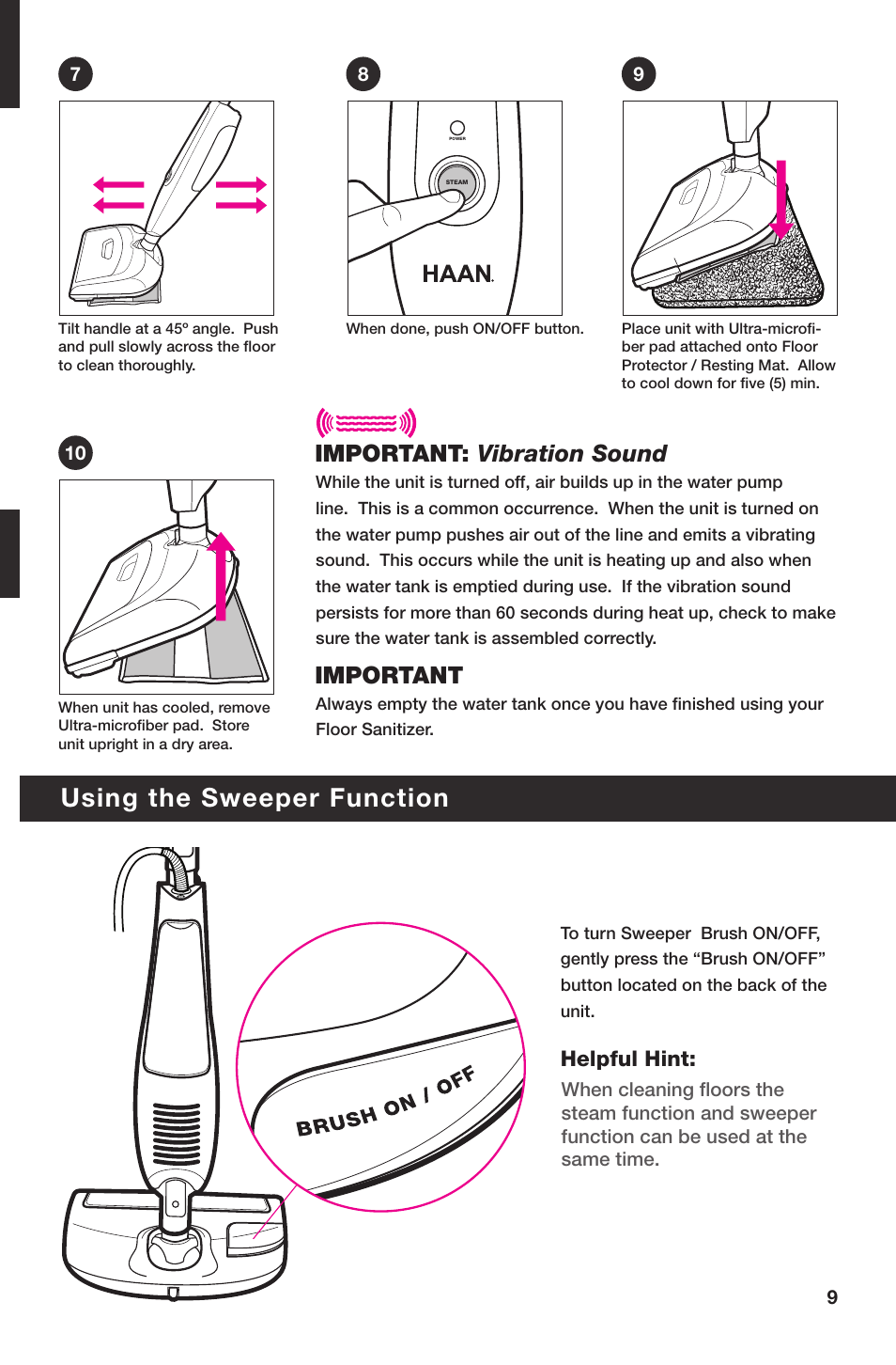 Using the sweeper function, Important: vibration sound important, Helpful hint | Haan Total HD-60 User Manual | Page 11 / 19