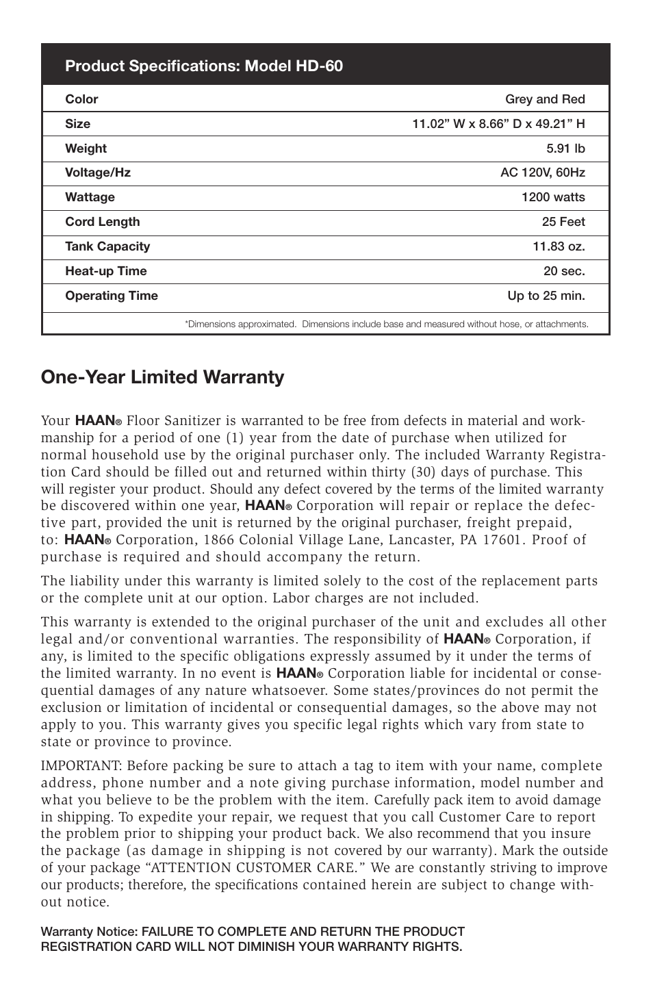 One-year limited warranty, Product specifications: model hd-60 | Haan Total HD-60 User Manual | Page 17 / 19