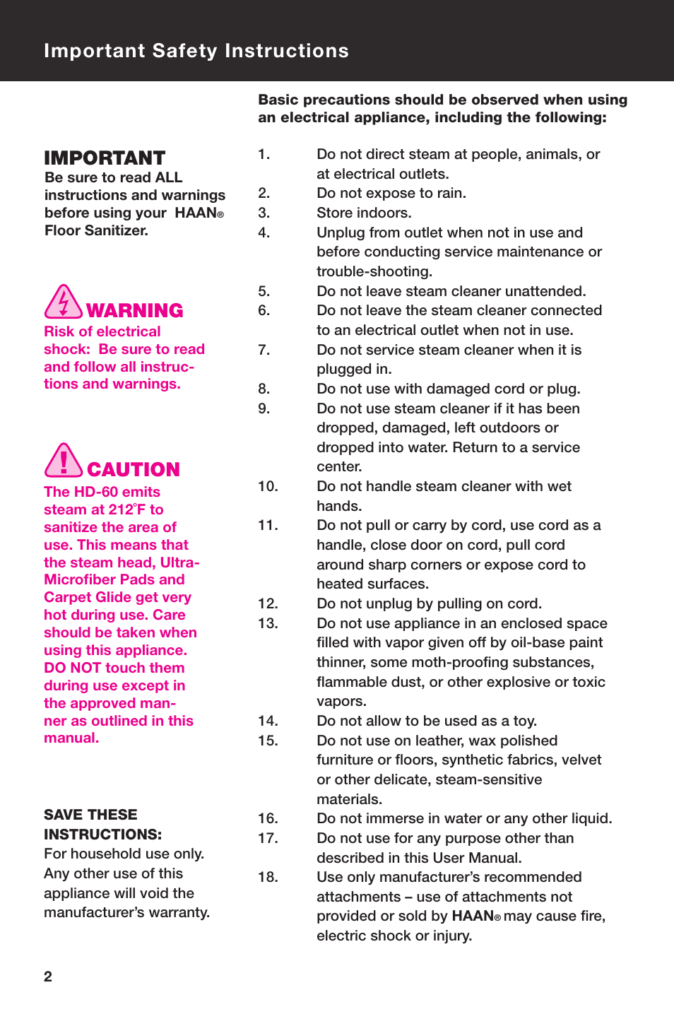 Important safety instructions important, Caution, Warning | Haan Total HD-60 User Manual | Page 4 / 19