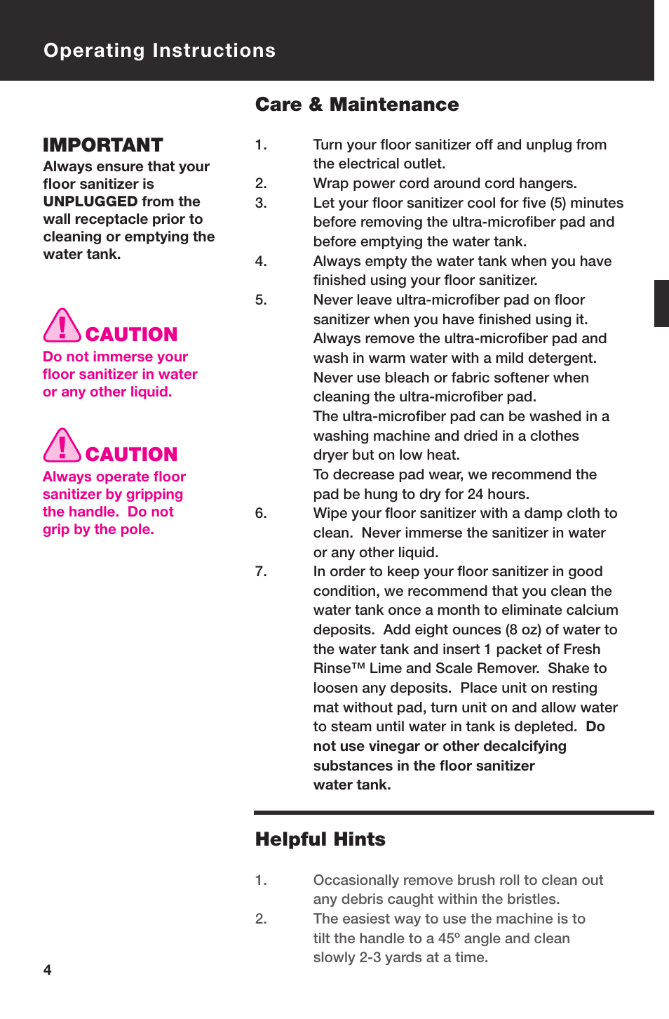 Operating instructions care & maintenance, Important, Caution | Helpful hints | Haan Total HD-60 User Manual | Page 6 / 19