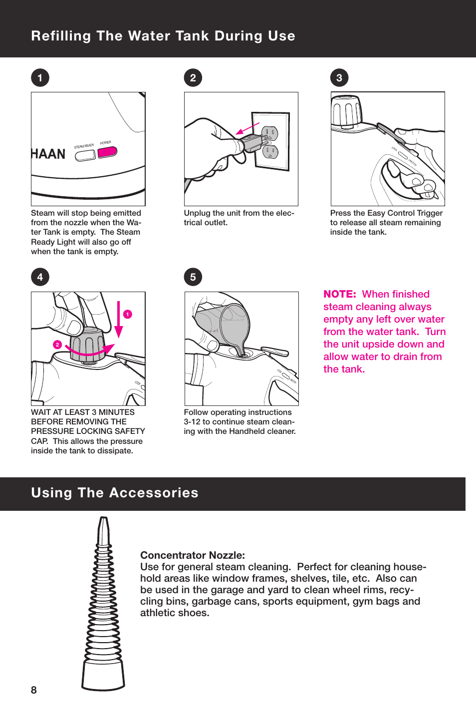 Refilling the water tank during use, Using the accessories | Haan ALLPRO HS-20 User Manual | Page 10 / 16